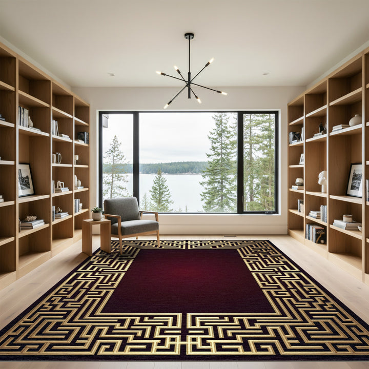 Gold Maze Border Deep Red Rug