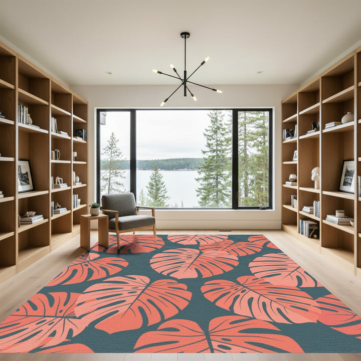 Coral Monstera Leaf Botanical Rug
