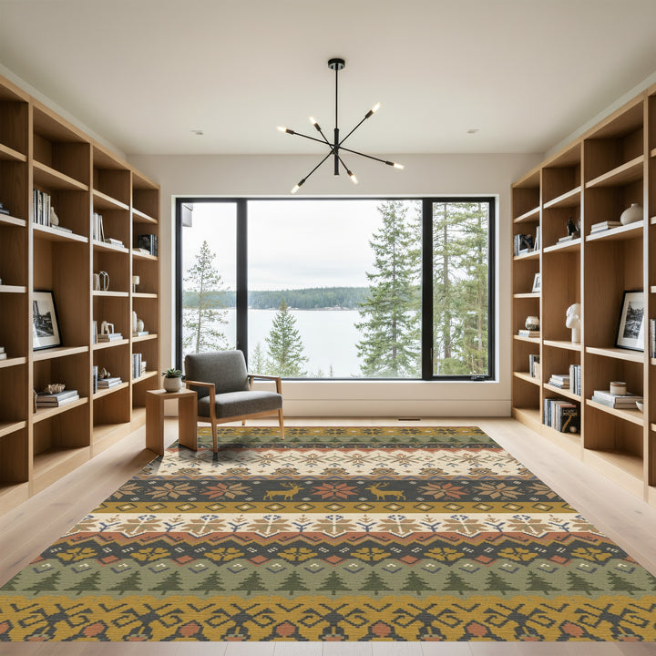 Earthy Woodland Deer Snowflake Stripes Rug