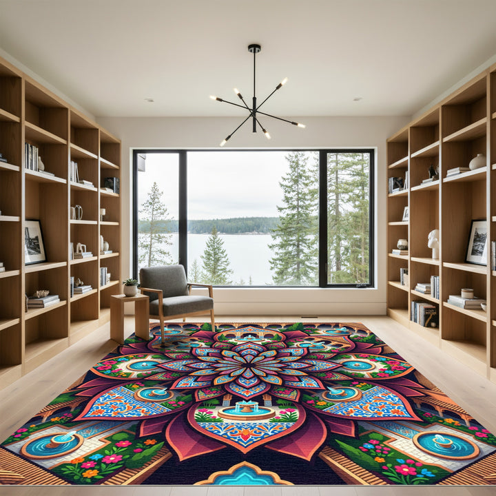 Vibrant Floral Courtyard Mandala Rug