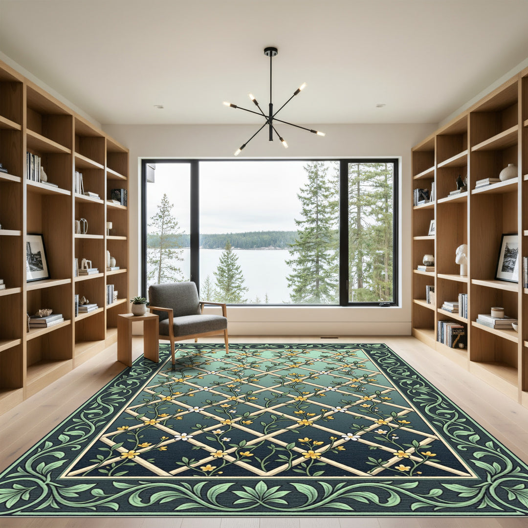 Green Lattice Yellow Floral Botanical Rug