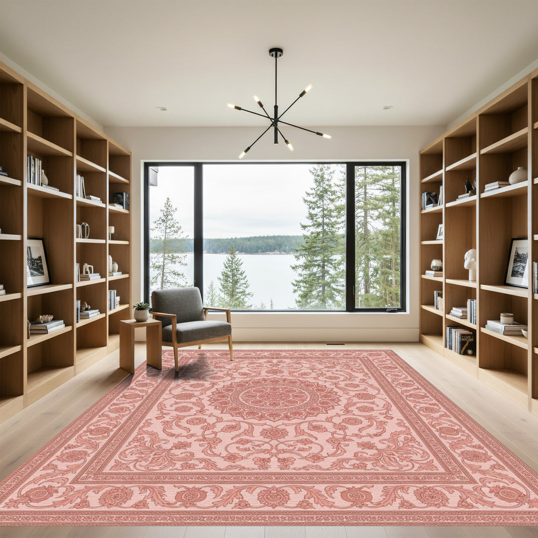 Delicate Pink Floral Mandala Border Rug
