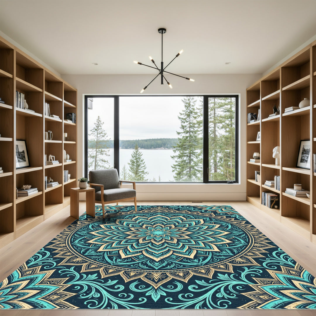 Teal Gold Intricate Mandala medallion Rug
