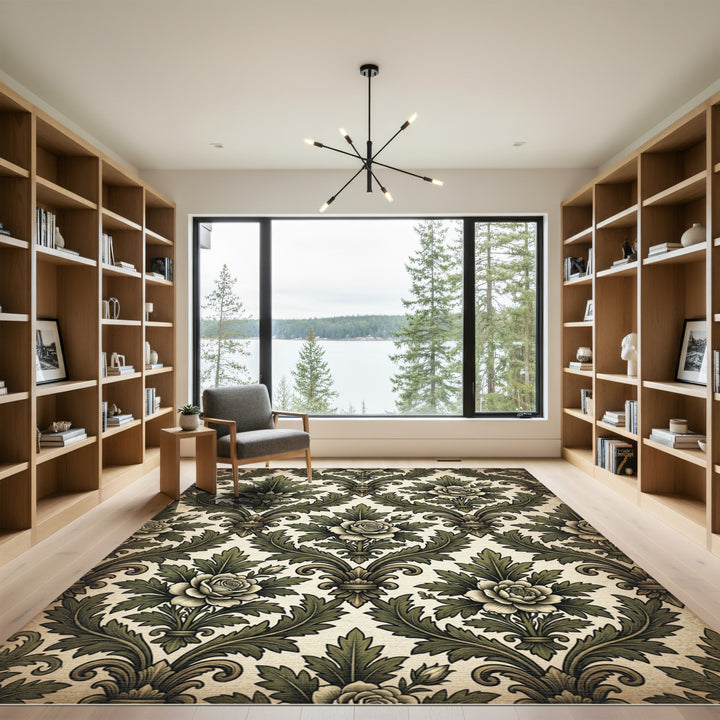Elegant Green Floral Damask Rug