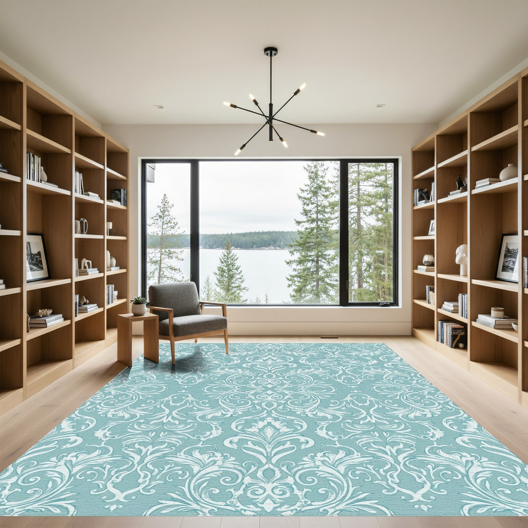 Aqua White Elaborate Scrollwork Rug