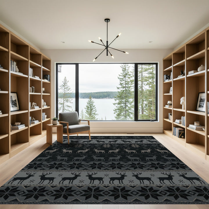 Gray Black Reindeer Snowflake Stripes Rug