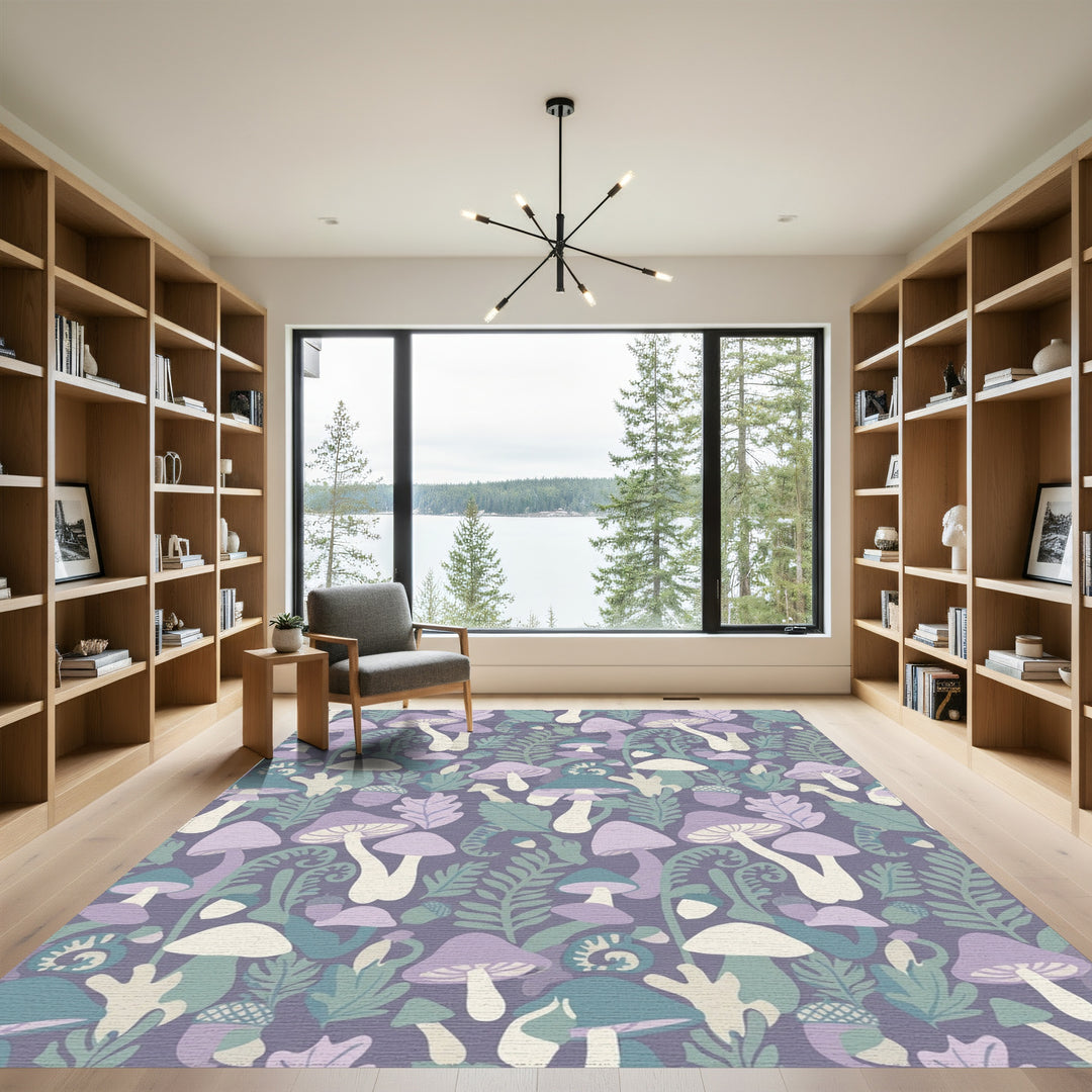 Whimsical Purple Mushroom Forest Ferns Rug