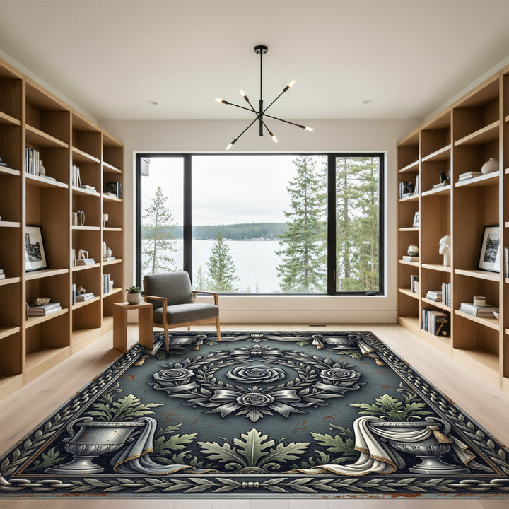 Ornate Silver Rose Wreath Tapestry Rug
