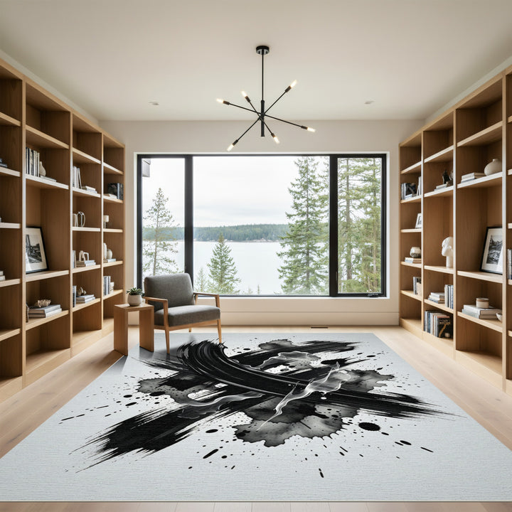 Bold Black Brushstroke Ink Splatter Rug