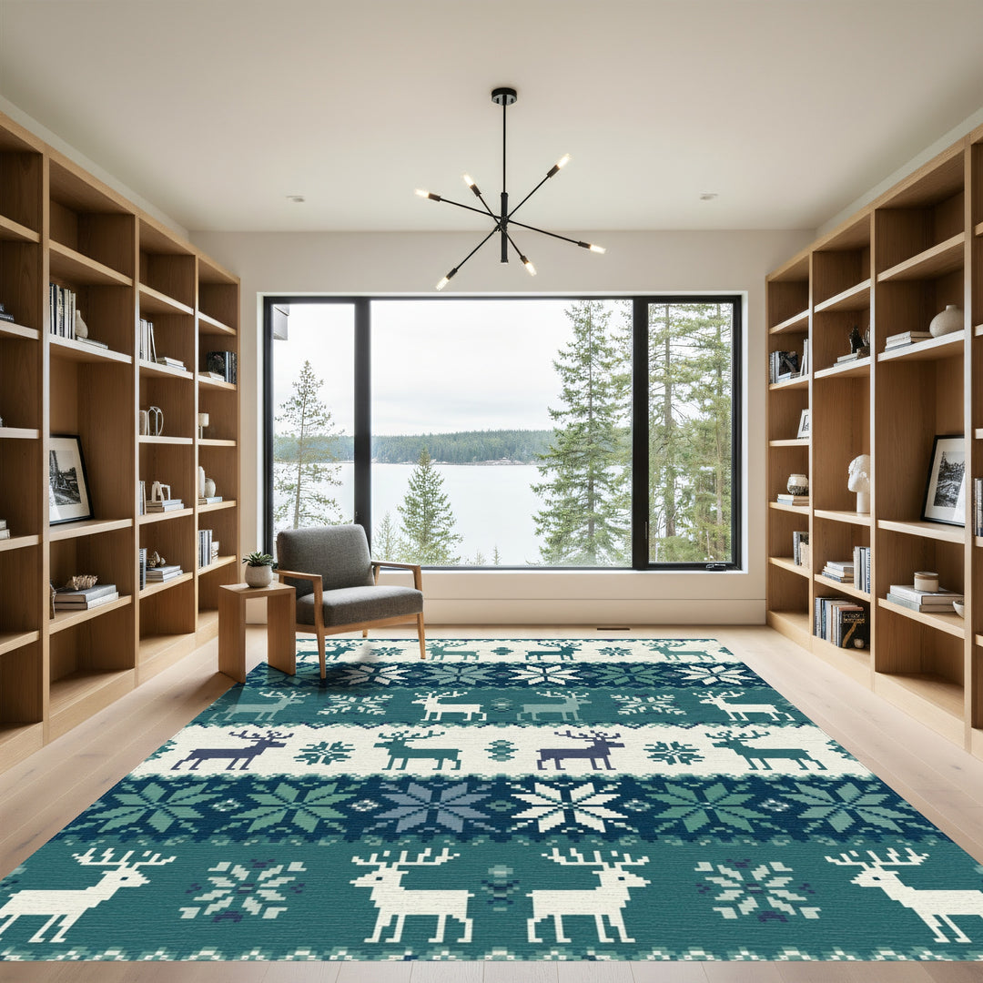 Nordic Teal Deer Snowflake Knit Rug
