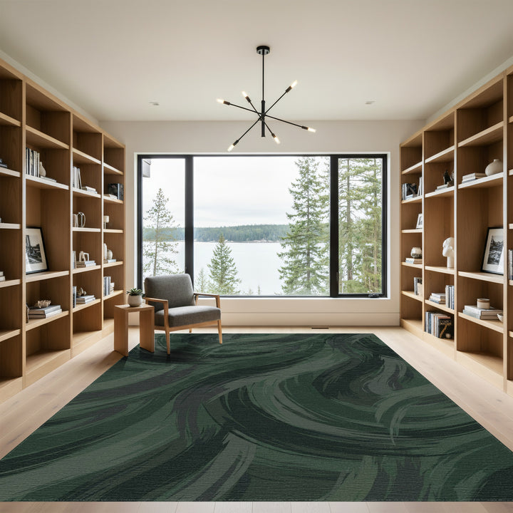 Deep Forest Green Brushstroke Swirls Rug