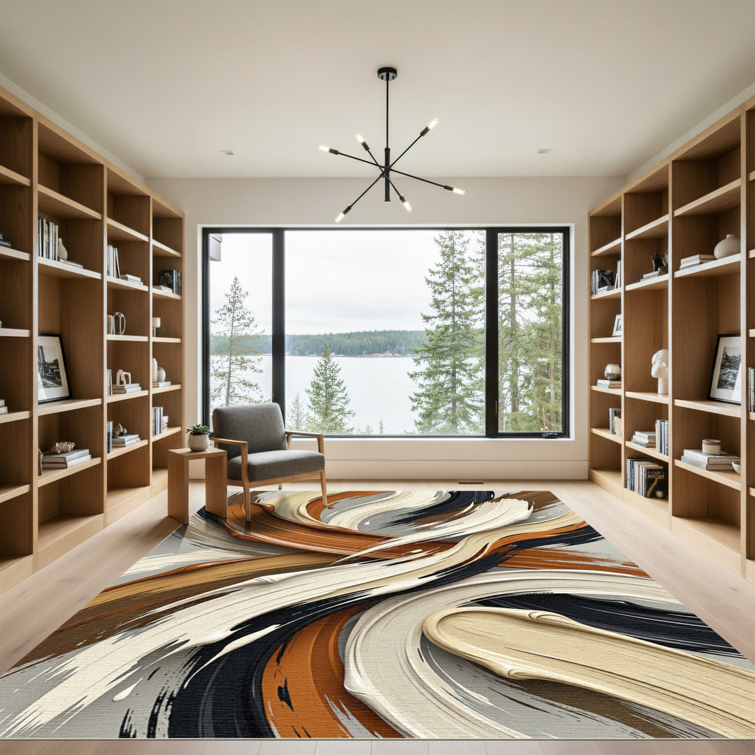 Abstract Swirls Cream Brown Black Rug