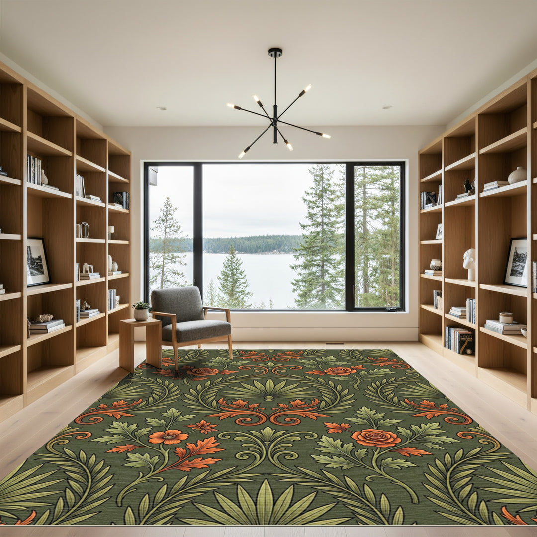 Vintage Green Orange Floral Scroll Rug