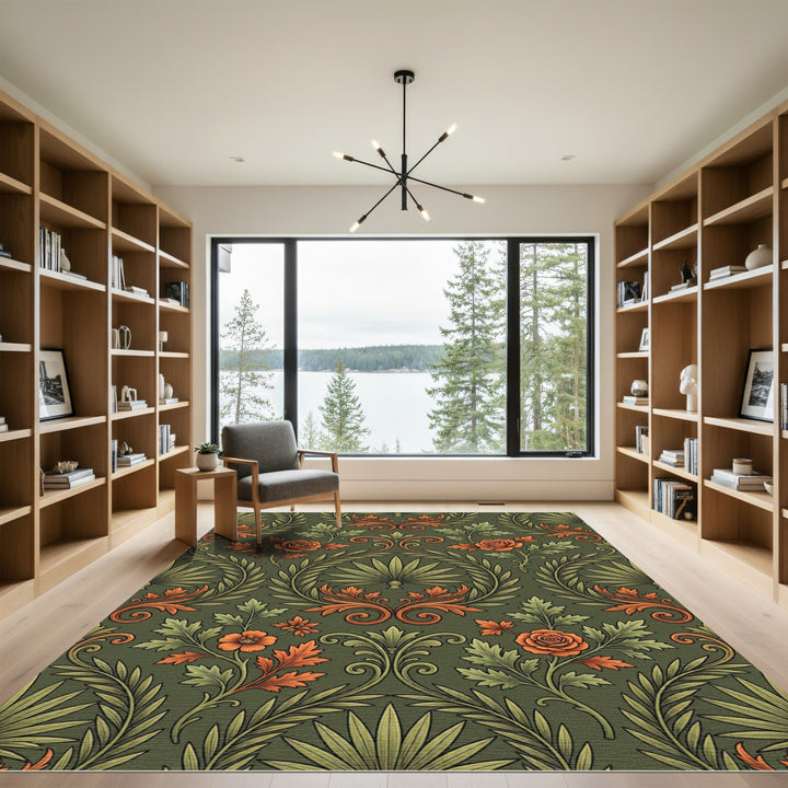 Vintage Green Orange Floral Scroll Rug