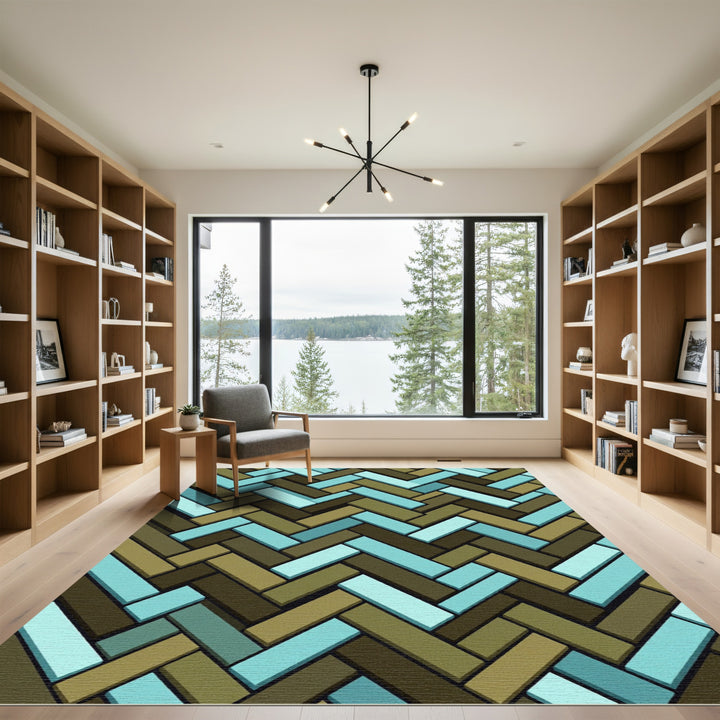 Aqua Brown Herringbone Geometric Rug