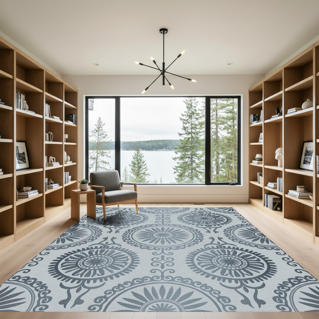 Silver Medallion Sunburst Mandala Rug