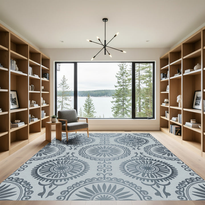 Silver Medallion Sunburst Mandala Rug