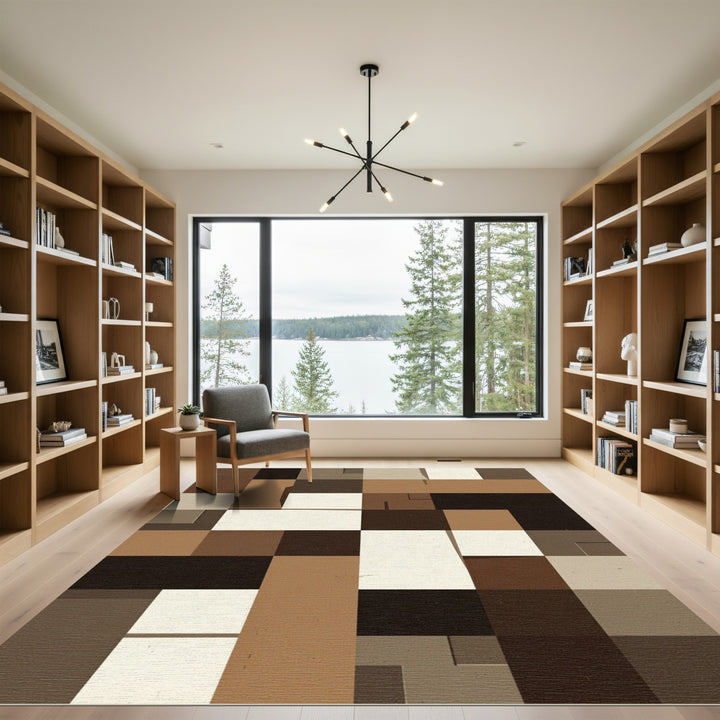 Earthy Brown Cream Geometric Blocks Rug