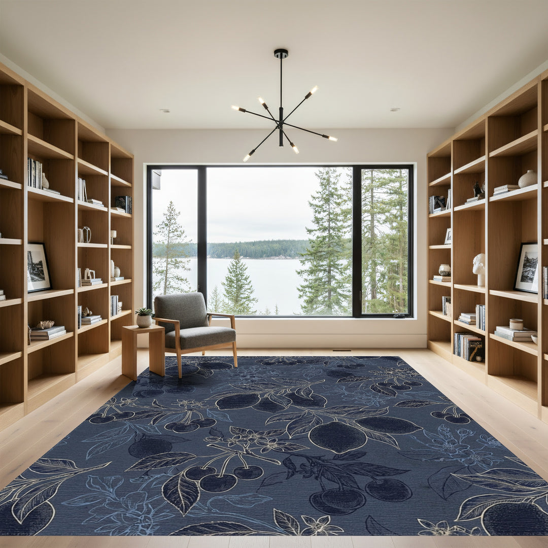 Navy Blue Cherry Lemon Branches Rug