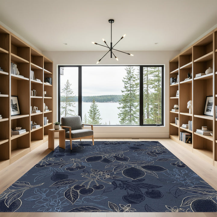 Navy Blue Cherry Lemon Branches Rug