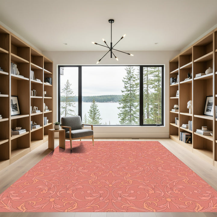 Coral Rococo Scroll Floral Rug