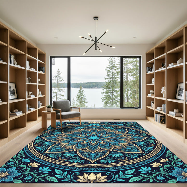 Teal Golden Floral Mandala Bloom Rug