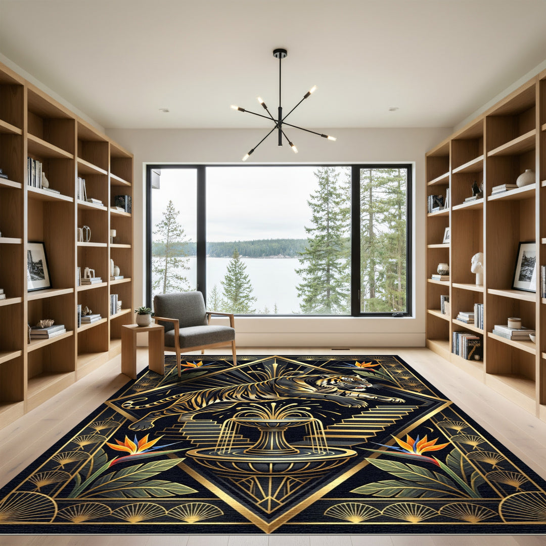 Striking Tiger Fountain Art Deco Rug