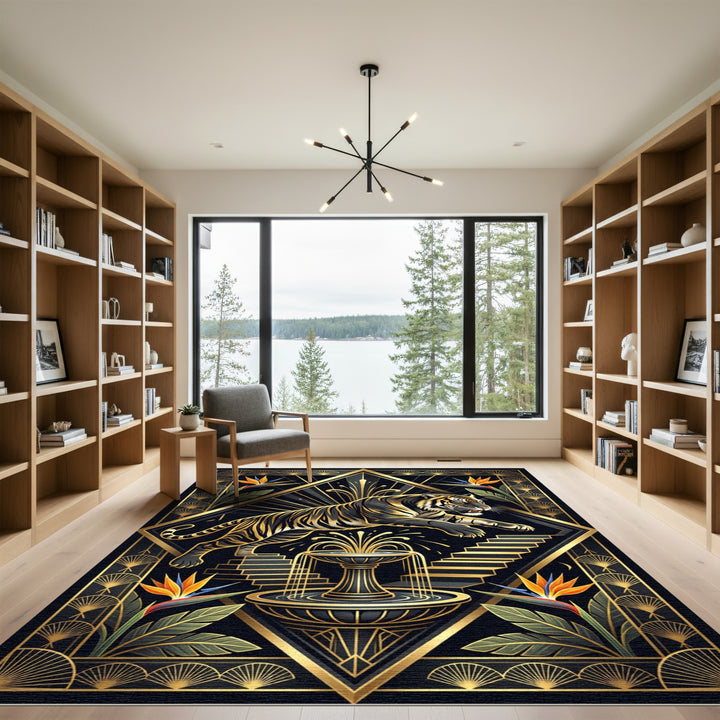 Striking Tiger Fountain Art Deco Rug