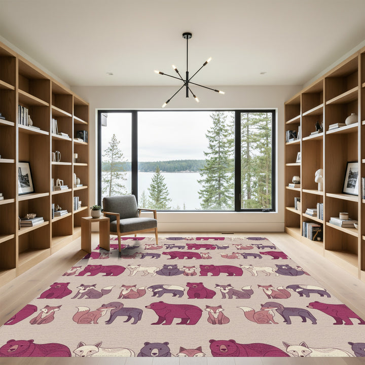 Burgundy Fox Bear Woodland Creatures Rug