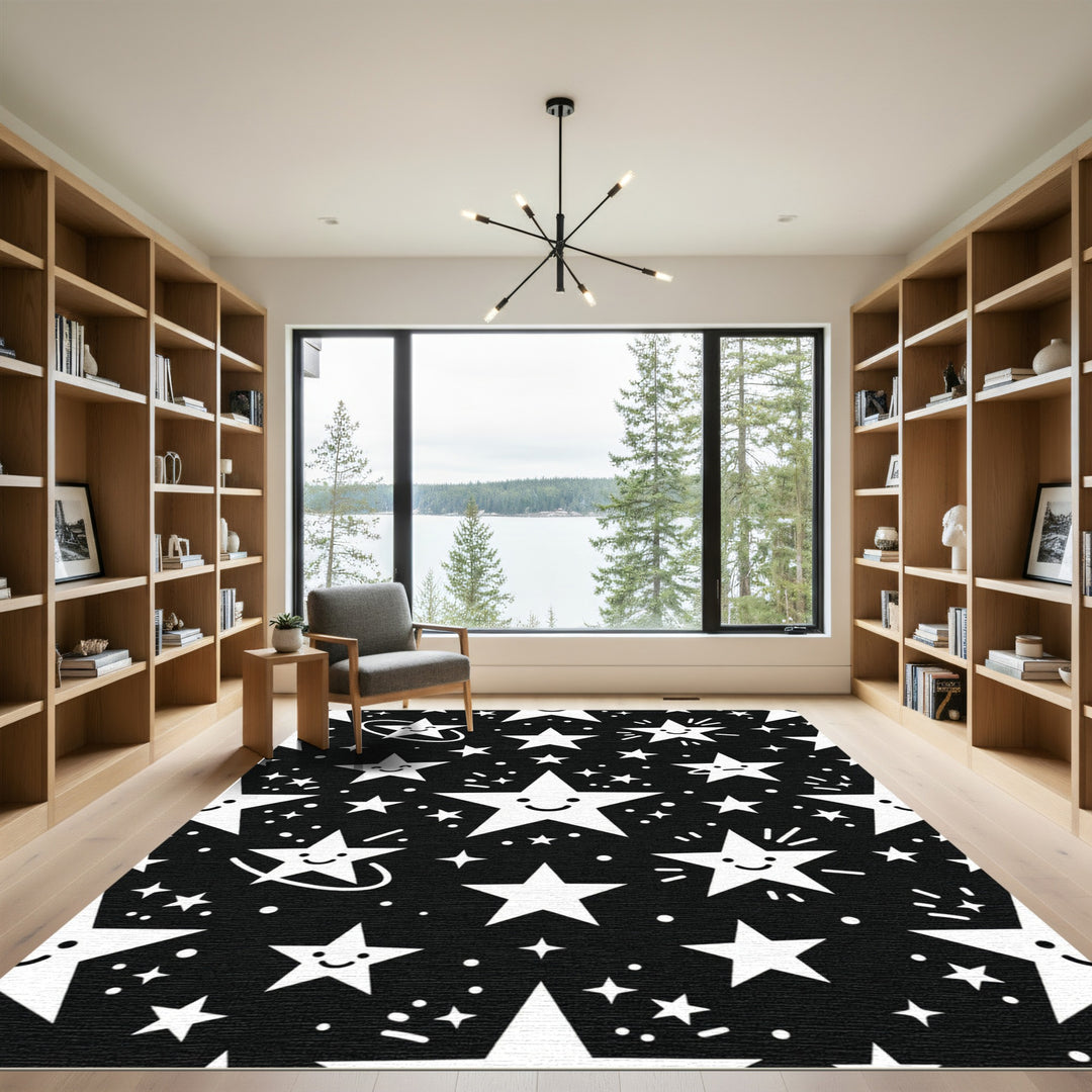Playful White Cartoon Stars on Black Rug