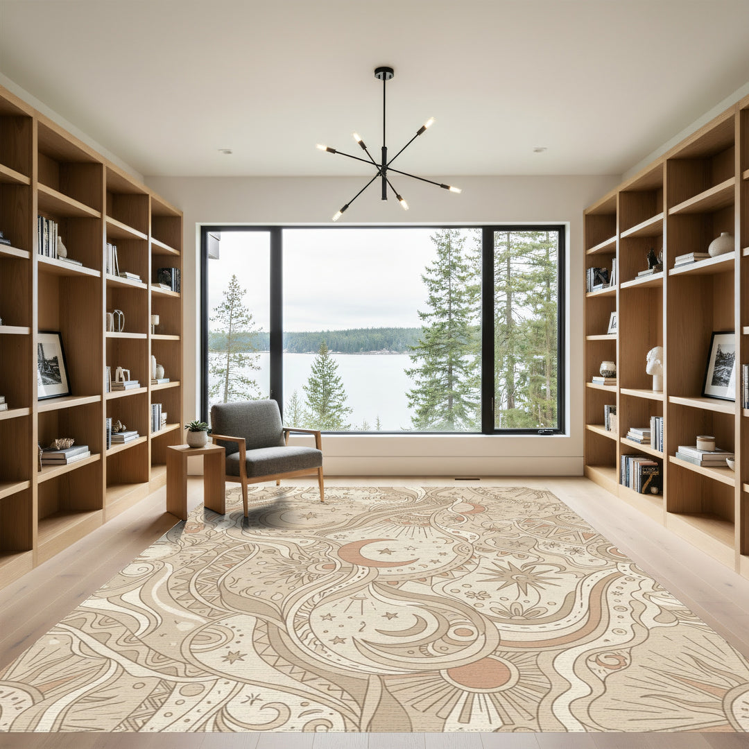 Earthy Celestial Sun Moon Stars Rug