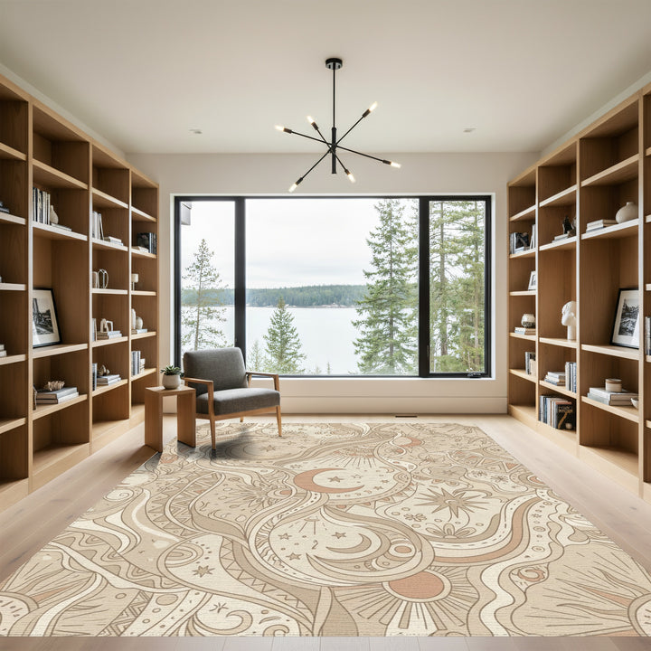 Earthy Celestial Sun Moon Stars Rug