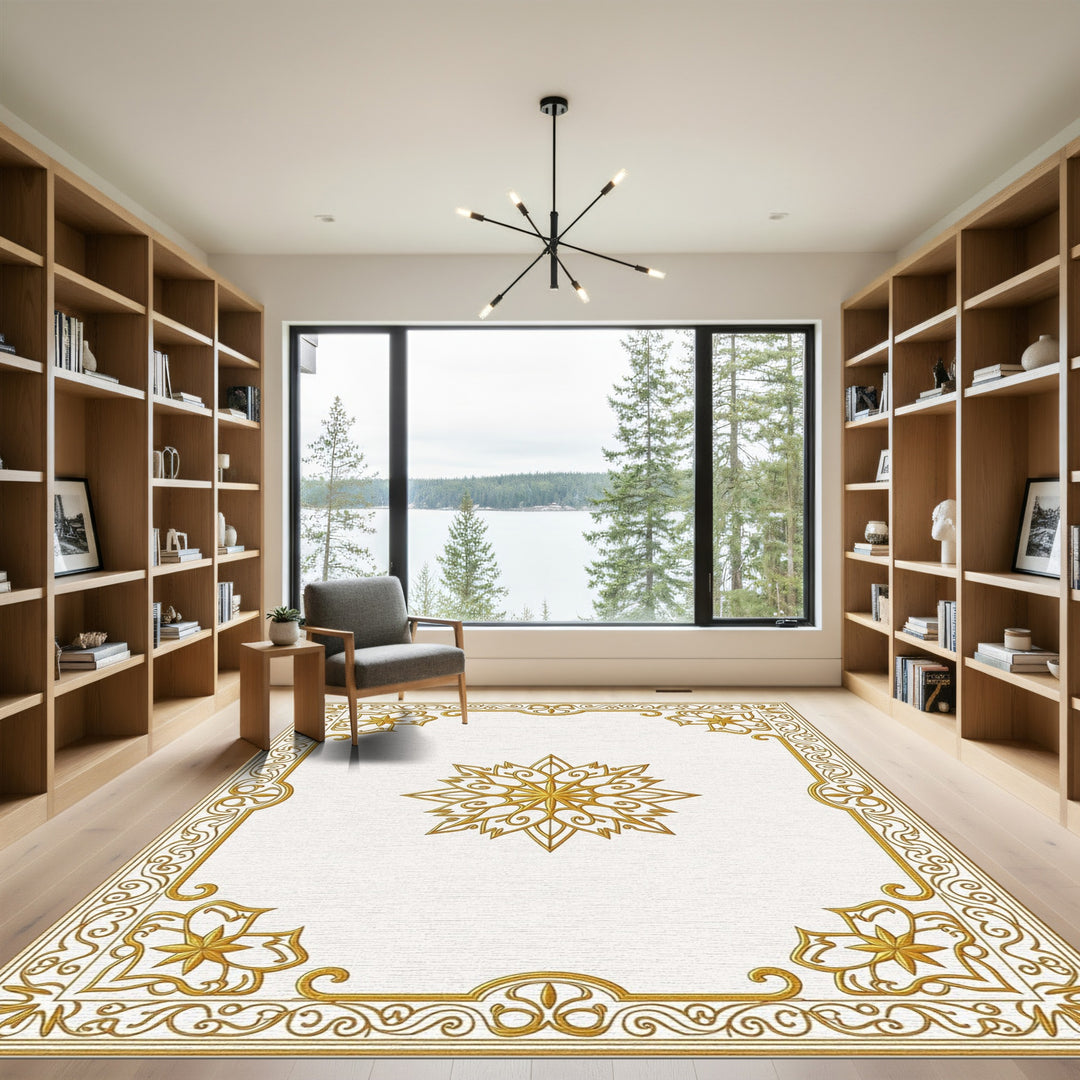 Golden Floral Ornate Frame Rug