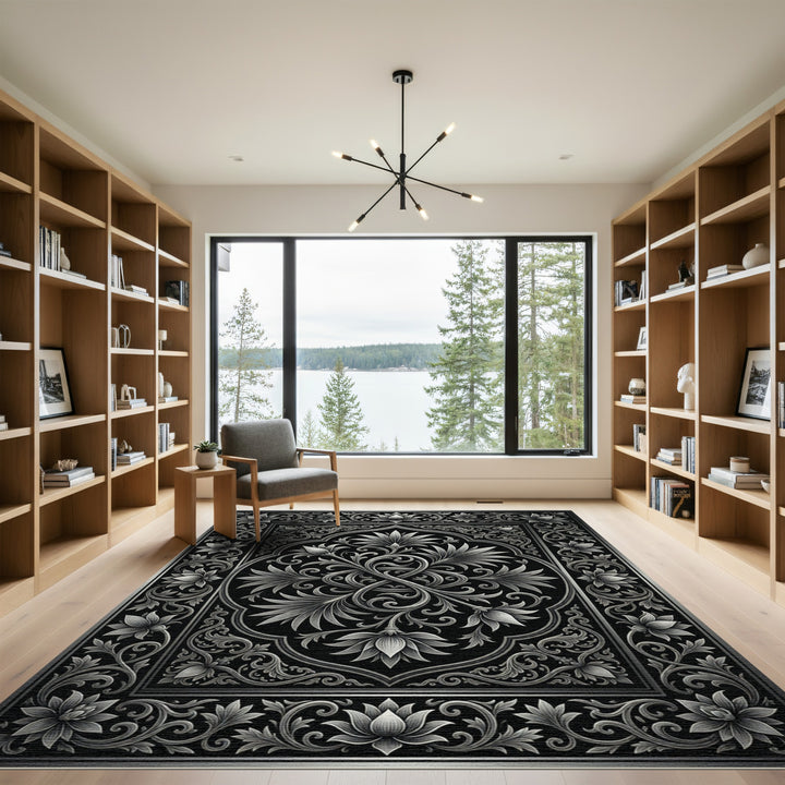 Ornate Silver Floral Scroll Frame Rug