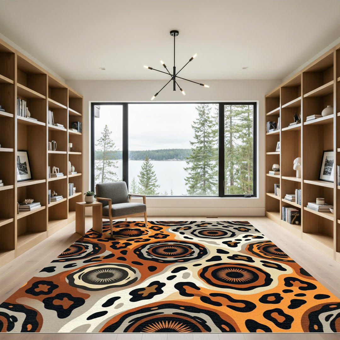 Bold Orange Leopard Flower Swirl Rug