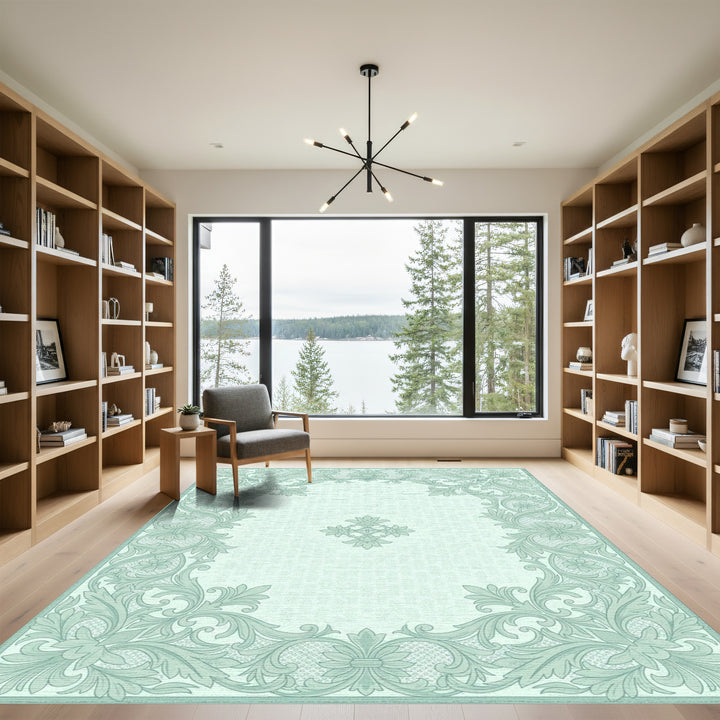 Pale Green Floral Scrollwork Medallion Rug