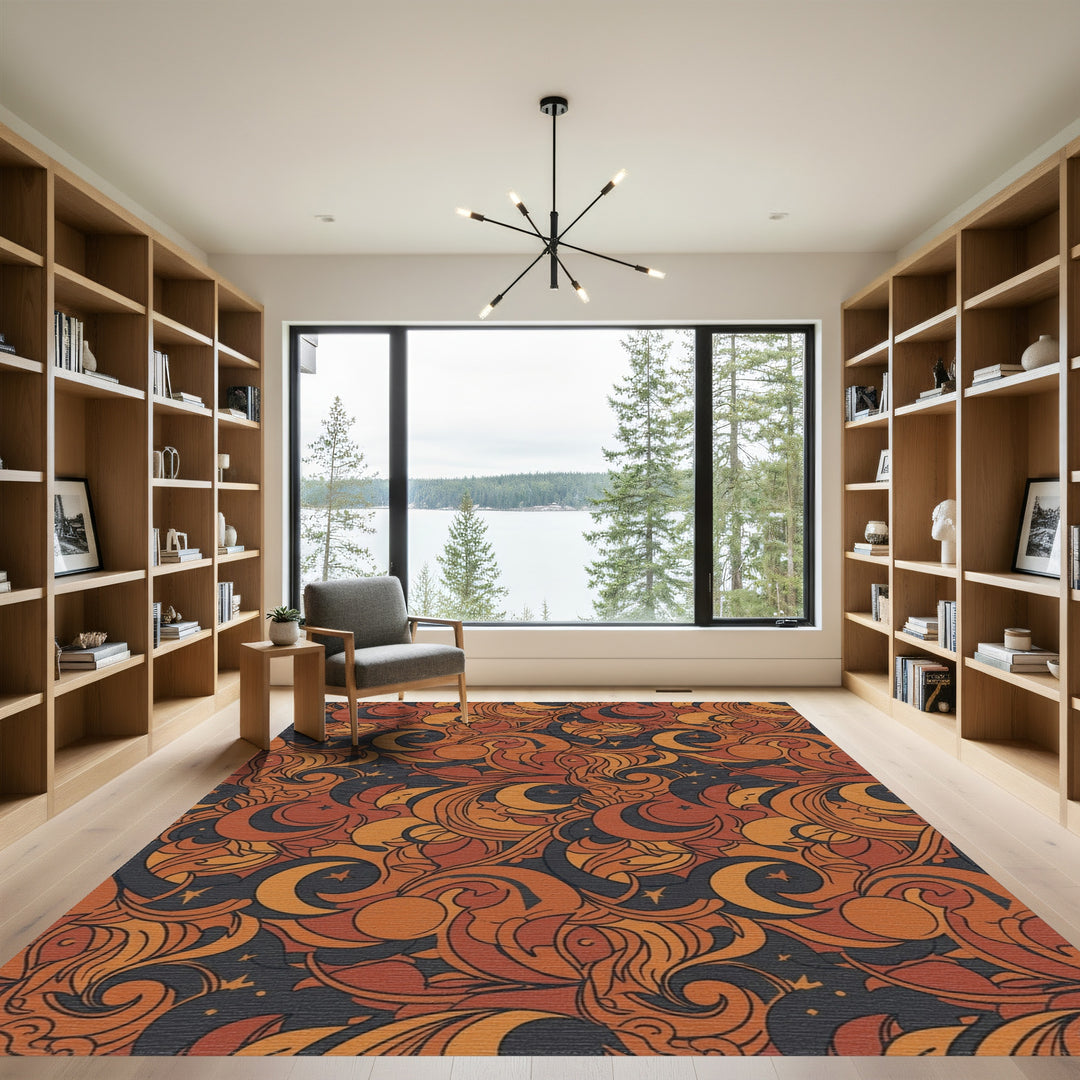 Celestial Crescent Moons Stars Swirls Rug