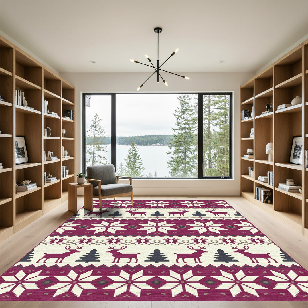 Rustic Cranberry Reindeer Forest Stars Rug