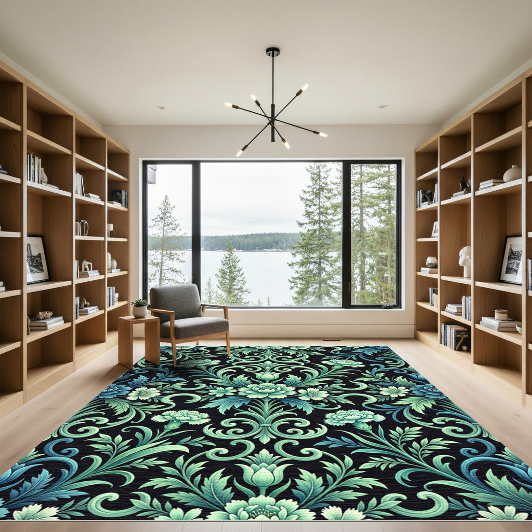 Emerald Floral Scrollwork on Black Rug