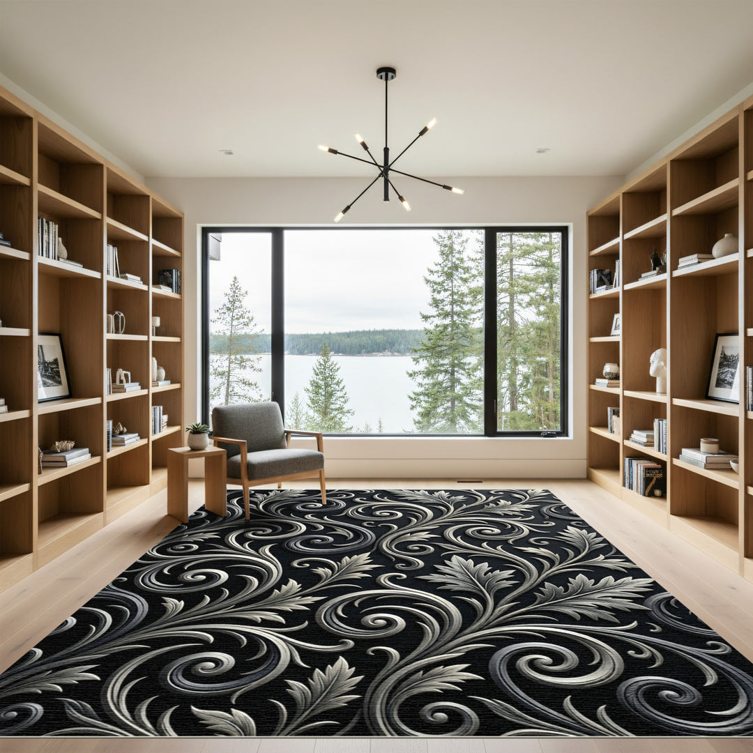 Ornate Silver Leaf Scrollwork Rug