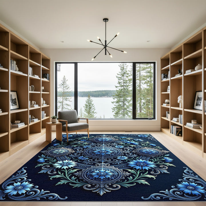 Ornate Blue Floral Scrollwork Medallion Rug