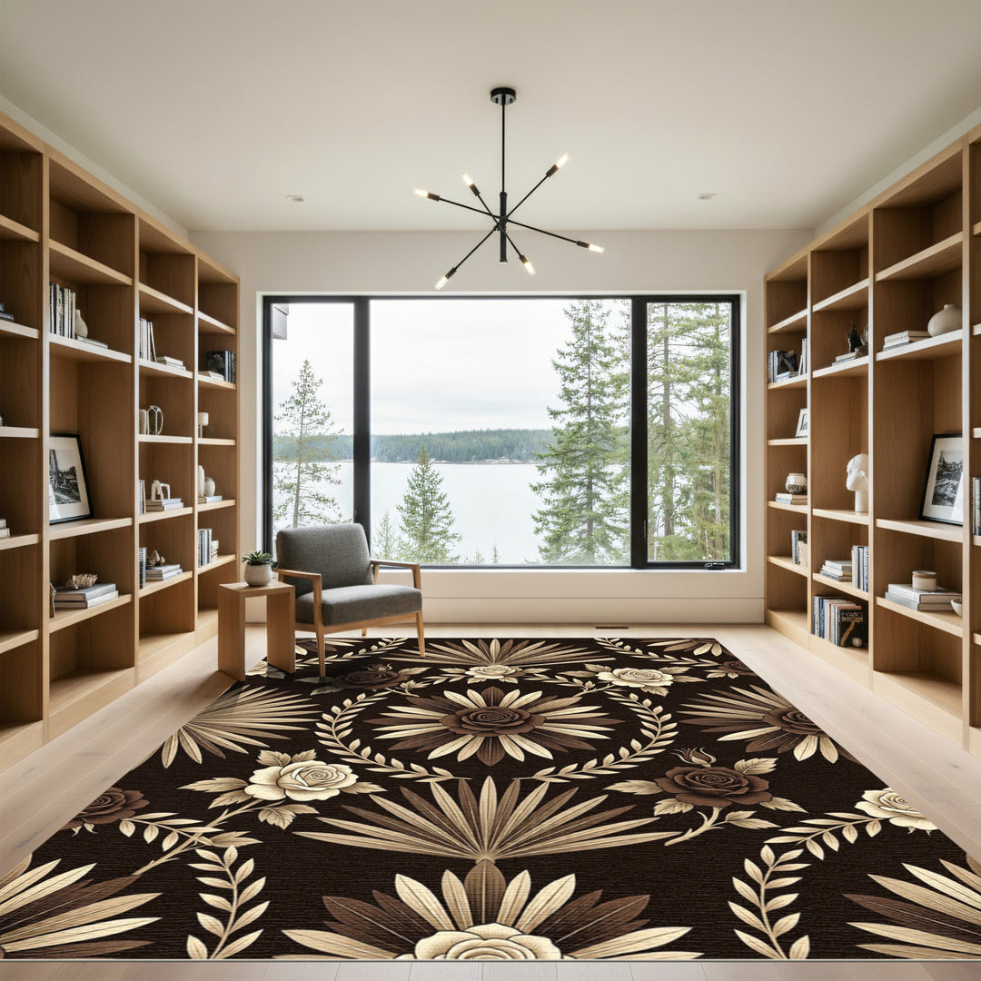 Rich Brown Floral Palm Leaf Medallion Rug