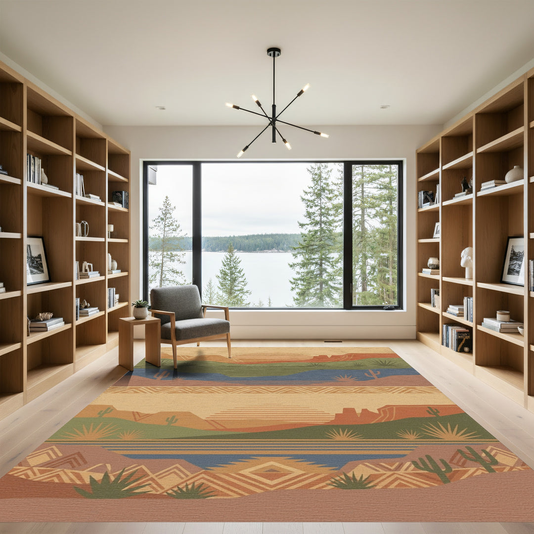 Desert Sunset Landscape with Geometric Accents Rug