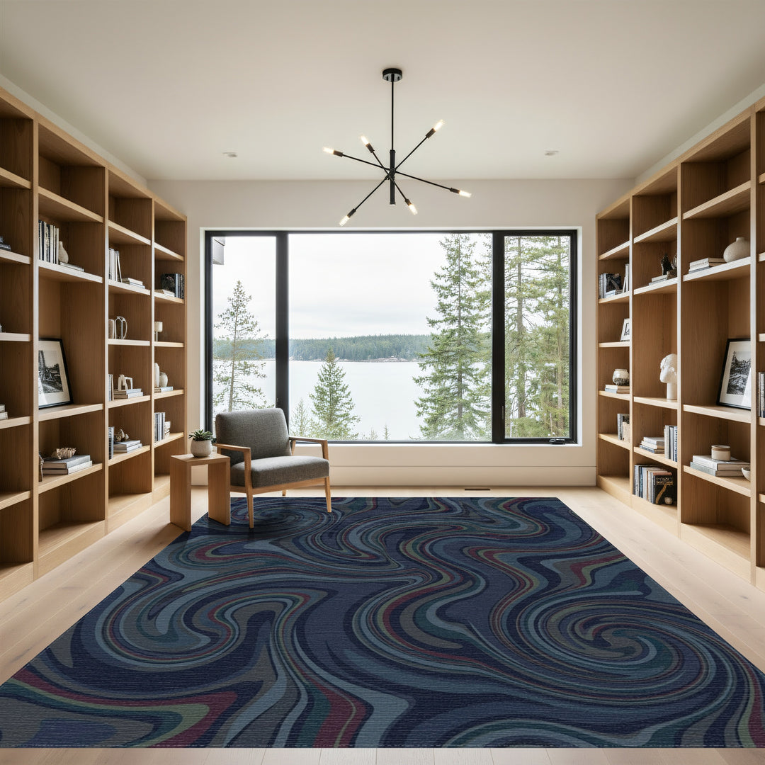Deep Blue Swirls Marble Effect Rug