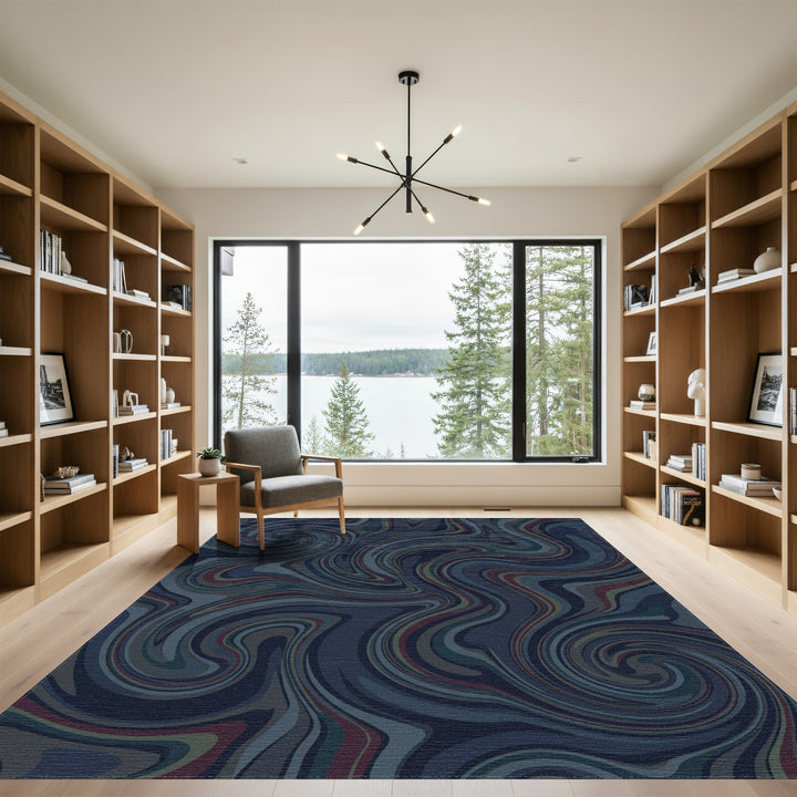 Deep Blue Swirls Marble Effect Rug