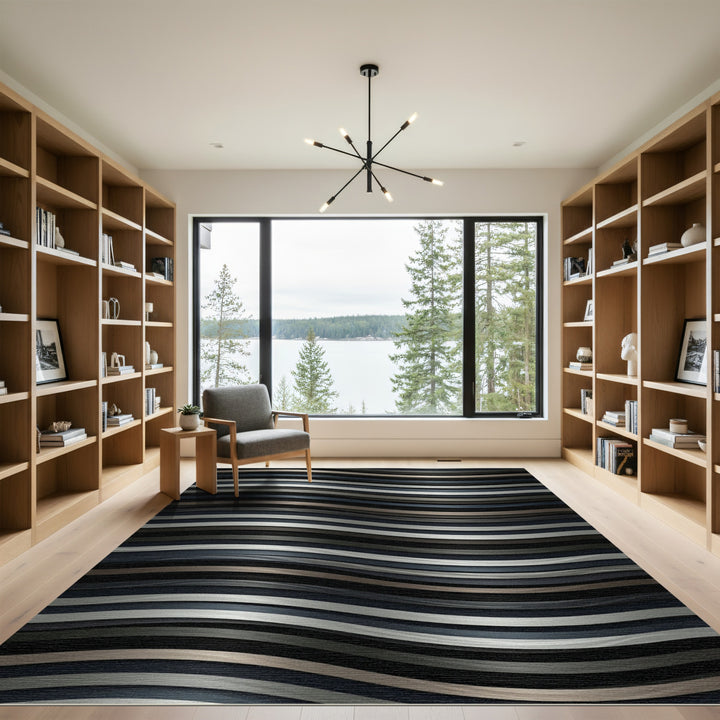 Wavy Silver Taupe Black Stripes Rug