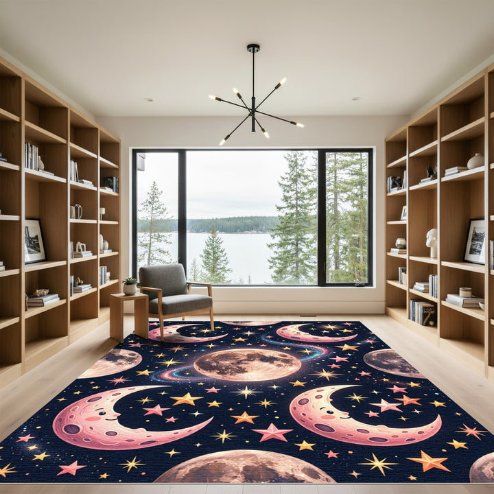 Whimsical Pink Crescent Moon Stars Rug