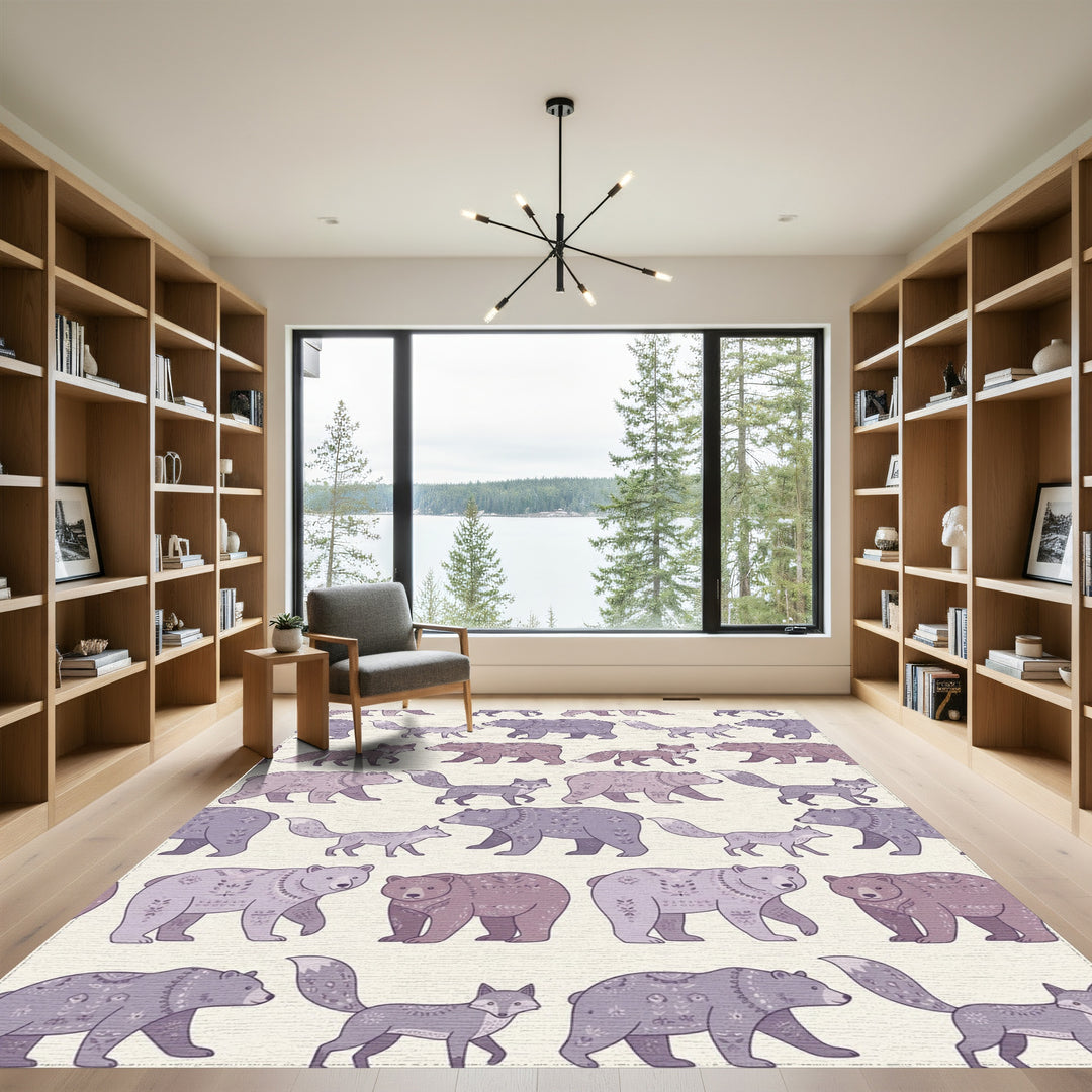Lavender Bear Fox Folk Art Rug