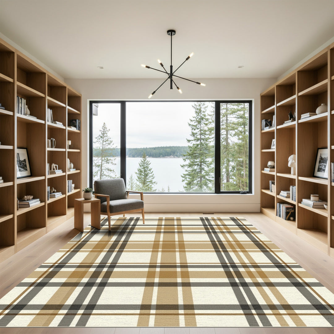 Warm Brown Beige Tartan Plaid Rug