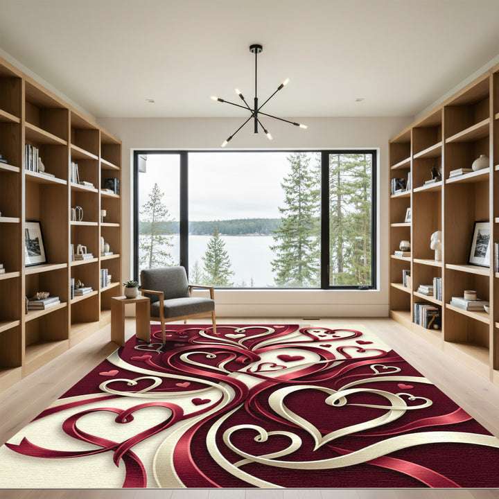 Elegant Red Cream Heart Swirl Rug